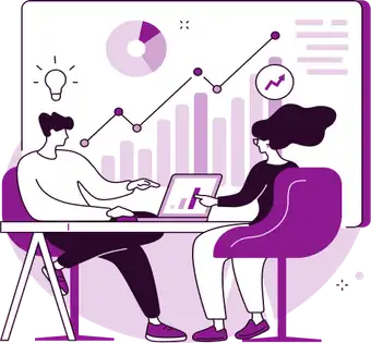 Illustration of two people discussing data with charts and graphs in the background, symbolizing analysis, collaboration, and strategic planning in a business context.