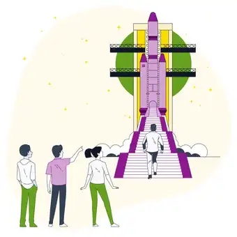 Illustration of a person walking up stairs toward a rocket, with three others observing and pointing, symbolizing aspiration, progress, and embarking on new ventures.